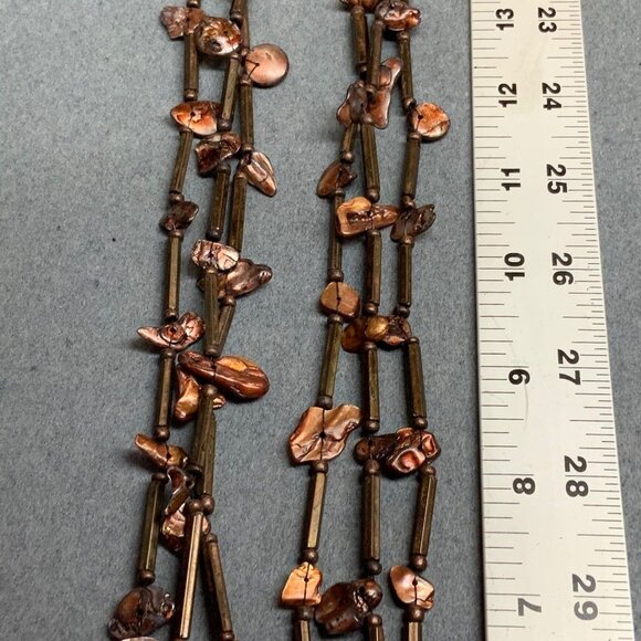Vintage Triple Strand Necklace 38 In Copper Brown Shell Metal Beads MOP Retro - Picture 8 of 9